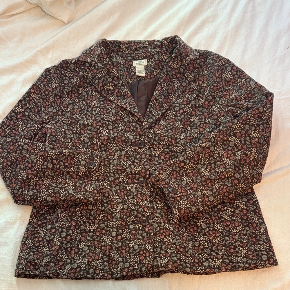 Vintage L.L. Bean floral corduroy blazer dark brown floral button closure 16 pet